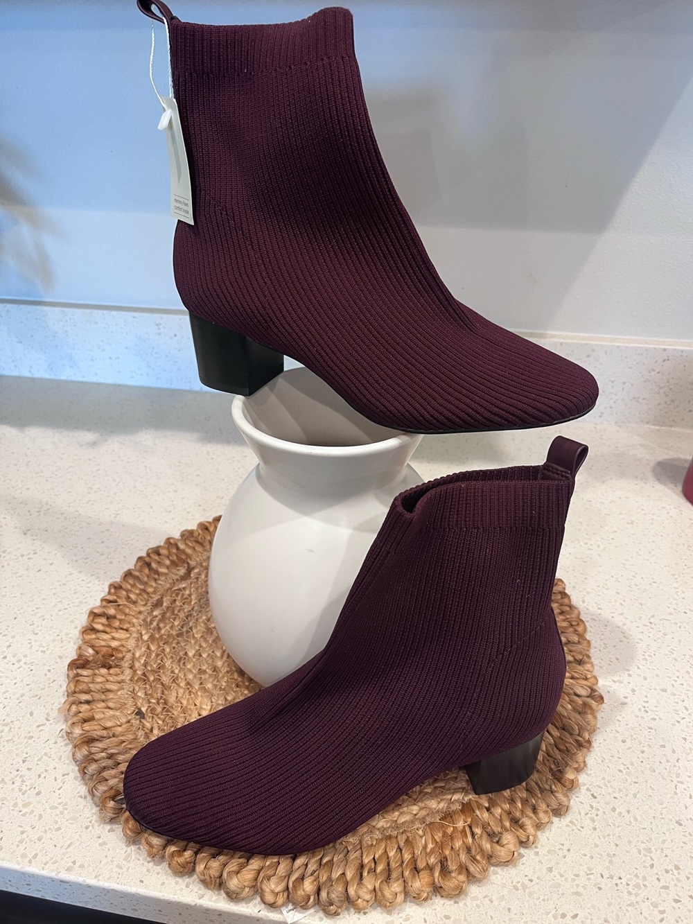 Joie Ribbed Knit Ankle Booties in Plum